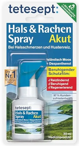 Tetesept Hals + Rachen Spray - Arzneimittel zur Linderung von Halsschmerzen und Hustenreiz, spendet Feuchtigkeit und unterstützt die Regeneration der Schleimhäute mit Isländisch Moos und Dexpanthenol.