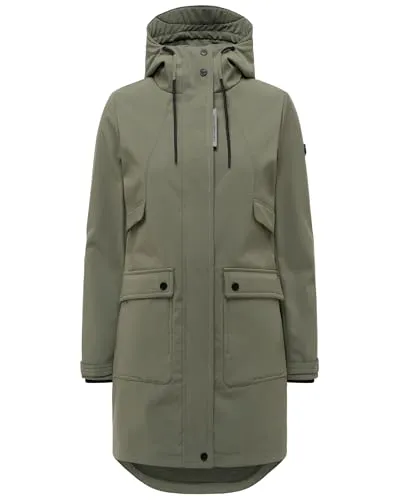 Navahoo Damen lange Übergangsjacke Softshellmantel mit Kapuze und großen Taschen – Morgennebel 14 Dusty Olive Gr. 3XL - Moderner Softshellmantel für die Übergangszeit. Wasserdicht und winddicht, ideal für unbeständiges Wetter. Mit praktischen Taschen und modischem Design – perfekt für jeden Anlass.