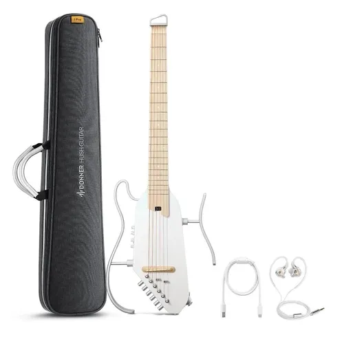Donner HUSH-I PRO Silent Gitarre – Weiße Westerngitarre - Hochwertige 4/4 akustische Gitarre für Rechtshänder mit 20 Bünden und 6-saitiger Konfiguration. Inklusive Gig Bag, Kabel und Kopfhörer – ideal für den flexiblen Einsatz und Musikgenuss überall.