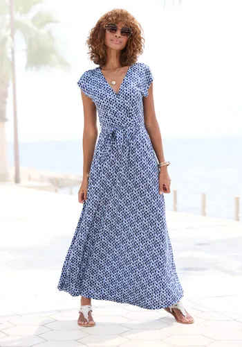 Maxikleid LASCANA, Damen, Gr. 40, N-Gr, blau (blau bedruckt), Single Jersey, Obermaterial: 100% Viskose, bedruckt, modisch, figurumspielend lang, tiefer V-Ausschnitt, ohne Ärmel, Kleider, mit Bindegürtel, Sommerkleid, Strandkleid