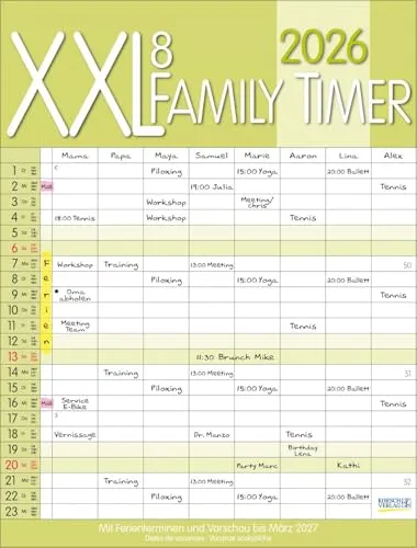 XXL Family Timer 8 2026: Hochwertiger Familienkalender - Freizeit, Haus & Garten: Planen Sie Ihre Familie effizient mit 8 breiten Spalten, Ferienterminen und Vorschau bis März 2027.