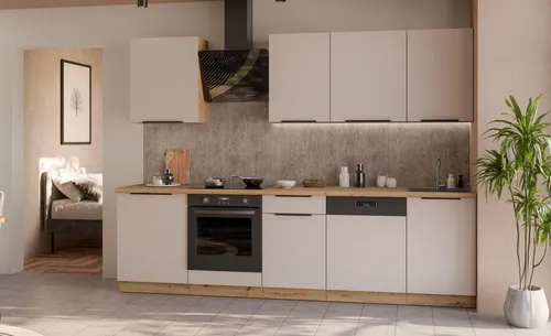 Küche SOLANO BASIC 280 Küchenzeile - Küchenzeilen mit modernem Design in Kaschmir beige und Eiche Artisan, bietet viel Stauraum und ist ideal für kleine bis mittelgroße Küchen.
