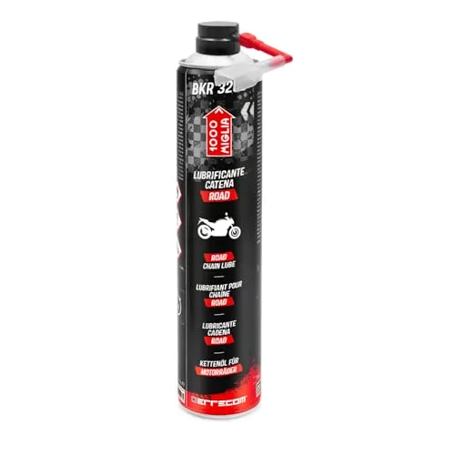 ERRECOM 1000 Miglia BKR 3202 Road und Motorräder Kettenschmiermittel, Resistent gegen Staub und Wasser, präziser Strahl ohne Spritzer, inkl. Huggie System + 90° Verlängerung, 750ml Aerosoldose