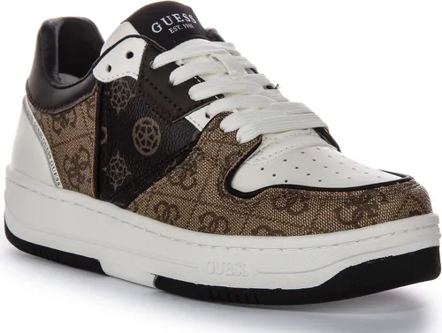 Guess Ancie Zwei Ton 4G Logo Schnürung Damen Kunstleder Trainer In Braun Weiß – 6 UK - 39 EU - 8.5 US / Brown White