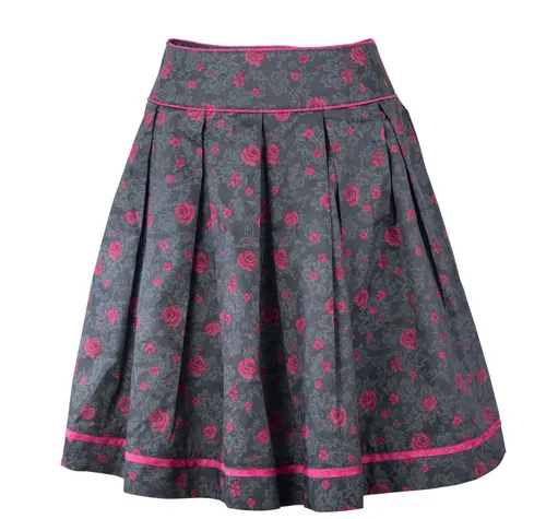 Ramona Lippert Trachtenrock Anne - Dunkelgrau mit Pinkem Rosendruck - Eleganter Faltenrock aus 100% Baumwolle, ideal für festliche Anlässe. Mit seitlichem Reißverschluss und praktischen Eingrifftaschen. Rocklänge 65 cm, Größe 36.