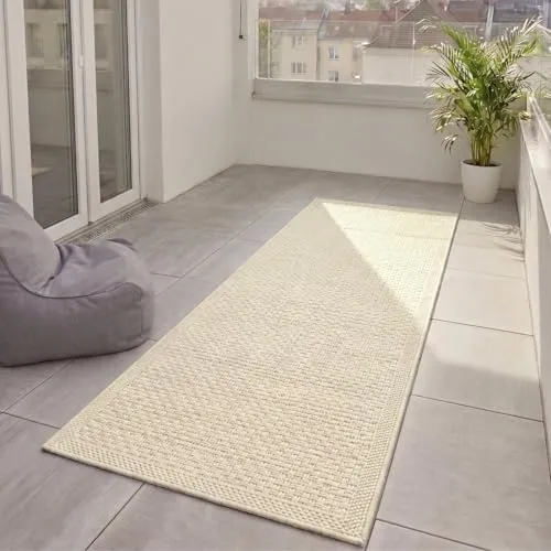 benuta Basic In- & Outdoor Teppich Iowa - Creme 80x300 cm - Strapazierfähig für Balkon und Wohnzimmer - Vielseitiger Kurzflor Teppich im Boho Jute-Look für Innen und Außen. Pflegeleicht und robust, ideal für jeden Einrichtungsstil. Passt perfekt zu Fußbodenheizung und sorgt für Gemütlichkeit.