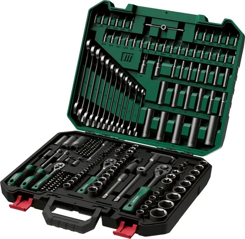 PARKSIDE Steckschlüssel-Set 216-teilig - Werkzeugkoffer mit matt-finish, aus hochwertigem Chrom-Vanadium- und Chrom-Molybdän-Stahl, übersichtlich sortiert und gut erkennbare Größen durch Lasermarkierungen.