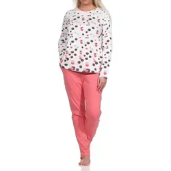 NORMANN-Wäschefabrik Damen Langarm Schlafanzug Pyjama - Tupfen-Design in Apricot, Größe 60-62 - Bequemer Langarm-Pyjama in fröhlichem Tupfen-Design, erhältlich in Übergrößen bis 60/62. Aus 100% Baumwolle, mit geprüftem Komfortschnitt für angenehmen Tragekomfort und pflegeleicht bei 40 Grad.