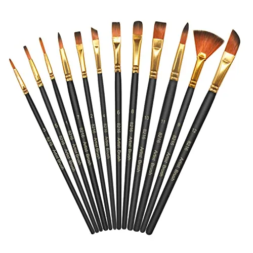 Skaaisont 12 Stück Set,Nylonpinselset Acrylfarben Kunstpinsel, Feiner Pinsel,Stifte mit Glatter Spitze, Korpus aus Holz,Geeignet für Acrylfarben,Aquarelle,Öle und Gouache, Schwarz