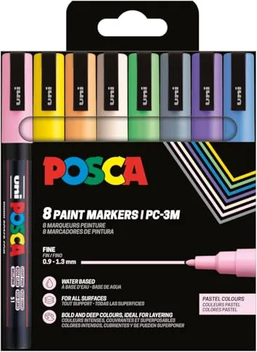 Marker Set PC-3M 8 Ass. Pastellfarben - Sonstige Schreibgeräte, vielseitige POSCA Marker mit wasserbasierter Pigmenttinte, ideal für kreative Projekte auf verschiedenen Oberflächen.