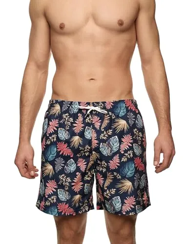 Indicode Herren INAntorgos Badehose mit weicher Innenhose | Stylische Badeshorts Navy, M - Stylische Badeshorts mit tropischem Muster für einen sommerlichen Look. Elastischer Bund mit Kordelzug für perfekten Sitz und hohen Tragekomfort. Hergestellt aus superweichem Material - für angenehmes Tragegefühl. Praktische Seitentaschen bieten Stauraum.