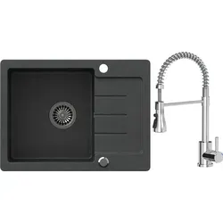 VBChome Spülbecken Granit Schwarz mit Armatur 60 x 44 cm Einzelbecken Einbauspüle Gesprenkelt Reversibel Siphon Waschbecken - Schwarz