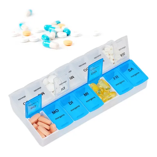 Relaxdays Tablettenbox 7 Tage, morgens, abends - Medizinischer Bedarf, praktische Tablettenbox mit übersichtlicher Facheinteilung für jeden Wochentag, handlich und einzeln verschließbar für optimale Sicherheit.
