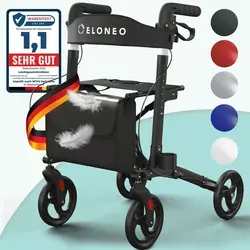 ELONEO Leichter & Faltbarer Rollator für Senioren - Rollator, ideal für Senioren, mit nur 8,2 kg Gewicht, höhenverstellbaren Griffen und komfortablem Sitz. Inkl. Einkaufstasche und Gehstockhalter für mehr Mobilität.