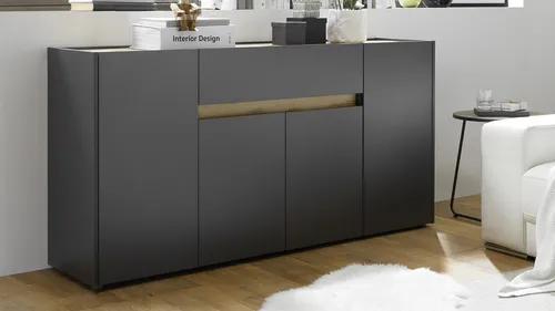 Sideboard Cande, grau, 170 cm Breite - Kommode im modernen Skandilook mit grifflosen Design und Wotan-Eiche-Nachbildung. Ideal für stilvollen Stauraum in Ihrem Zuhause.