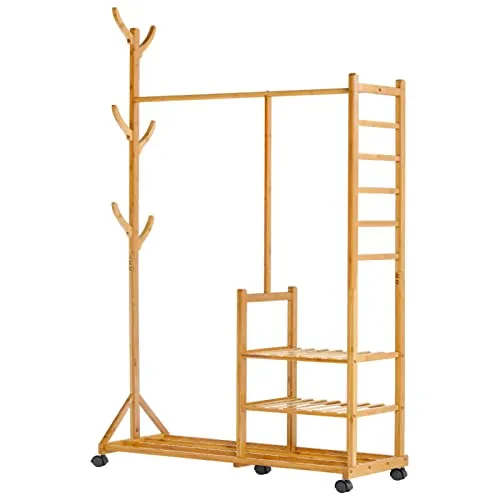Yorbay Kleiderständer aus Bambus mit Rollen - Kleiderständer mit 3 Ablagen und 6 Haken, ideal für Flur und Schlafzimmer. Robustes Bambusdesign, mobil und einfach zu montieren.