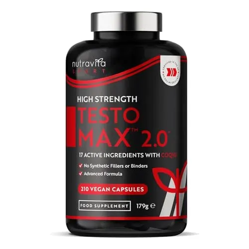 TESTOMAX™ 2.0 für Männer - 210 vegane Kapseln - Pflanzliches Ergänzungsmittel Maca mit 17 aktiven Inhaltsstoffen, inklusive Ashwagandha KSM 66® und CoQ10, unterstützt deine Vitalität und Leistungsfähigkeit.
