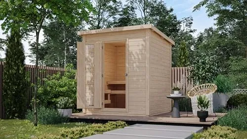 Karibu 38 mm Saunahaus Melo 2 mit Ofen 9 kW - Saunen im eigenen Garten wie die Finnen! Das naturbelassene Saunahaus Melo bietet Ihnen ein authentisches Saunaerlebnis und die Möglichkeit zum Eis- oder Schneebaden nach dem Saunagang.