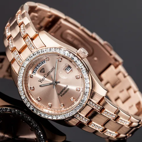 YVES CAMANI Auron Damenuhr - Elegante Armbanduhr in Rotgold mit Zirkonia-Kristallen - Armbanduhren in klassischem Design, 30 m wasserfest und mit funkelnden Zirkonia-Kristallen für einen Hauch von Luxus.