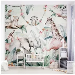 Bilderdepot24 Kindertapete Kinderzimmer Aquarell Afrika Tiere Wanddeko Giraffe Elefant Flamingo, Glatt, Matt, (Vliestapete inkl. Kleister oder selbstklebend), Mädchenzimmer Jungenzimmer Babyzimmer Bildtapete Fototapete Wandtapete grün 1.92 m x 1.92 m