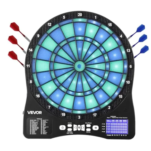 VEVOR Elektronische Dartscheibe mit LED-Beleuchtung - Dartscheibe für 8 Spieler mit 48 Spielen und 500 Variationen, ideal für Partys. Einfache 3-Schritt-Installation, langlebig und wandfreundlich.