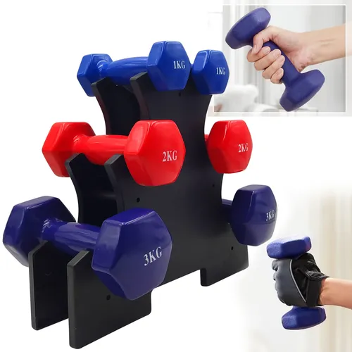 Set mit 6 Kurzhanteln (1-2-3 Kg) - 6-teiliges Hantelset mit 12 kg Gesamtgewicht für effizientes Training. Farblich gekennzeichnete Hanteln erleichtern die Auswahl des idealen Gewichts. Kompakte Halterung für einfachen Stauraum in Ihrem Home-Gym.