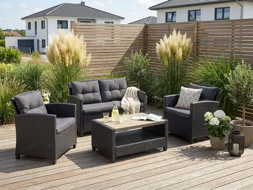 KONIFERA Gartenlounge-Set St. Tropez, 11-tlg. für entspannte Stunden - Gartenmöbel-Set aus Polyrattan und Stahl, inkl. bequemer Auflagen und Tisch mit Ablage. Ideal für Balkon oder Terrasse, bietet Platz für bis zu 4 Personen.