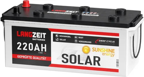 LANGZEIT Solarbatterie 220Ah 12V - Perfekt für Boot und Notstrom - Autobatterien: Die LANGZEIT 220Ah 12V Batterie bietet über 600 Ladezyklen, hohe Zyklenfestigkeit und ist ideal für Photovoltaikanlagen, Boote und Notstromversorgung.