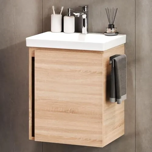 Planetmöbel Waschtisch Unterschrank mit Waschbecken 50 cm Sonoma Eiche - Waschtisch Unterschrank in Sonoma Eiche, platzsparend mit einer Breite von 49 cm und ideal für kleine Bäder oder Gästetoiletten.