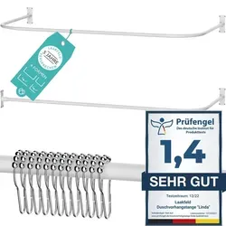 Duschvorhangstange L Form & U Form 4 in 1 System - Duschvorhangwinkelstangen mit 12 Gratis Ringen, extrem stabil und rostfrei, ideal für Badewanne und Dusche ohne Deckenhalterung. Einfache Montage für flexiblen Einsatz!