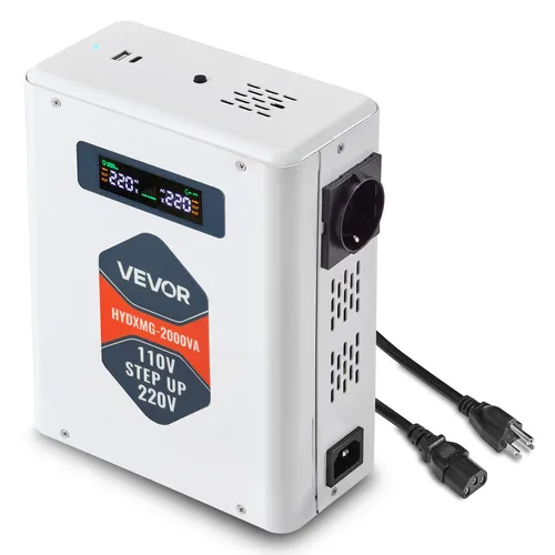 VEVOR 2000 VA Spannungswandler aufwärts - Hochleistungs-Aufwärtswandler mit 2 EU-Steckdosen und USB-Ausgang. Ideal für den Einsatz mit 220-V-Geräten. Robustes Metallgehäuse und Echtzeitüberwachung sorgen für einfache Handhabung und Sicherheit.