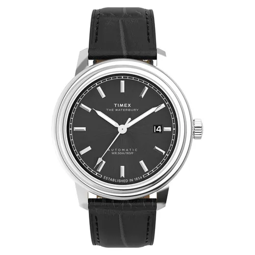 Timex TW2Y23000 Waterbury Metropolitan Automatic 41 mm Herrenarmbanduhr - Elegante Automatikuhr mit klassischem Design, 41 mm Edelstahlgehäuse und Lederarmband. Ideal für formelle Anlässe, bietet eine Datumsanzeige und ist bis 50 m wasserdicht.