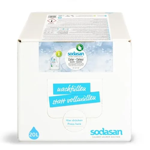 SODASAN Waschmittel Color Sensitiv 20 Liter - Waschmittel im plastikreduzierten Bag-in-Box-System, duftfrei und ideal für sensible Haut. Dermatologisch getestet, vegan und 86 % weniger Plastikmüll.