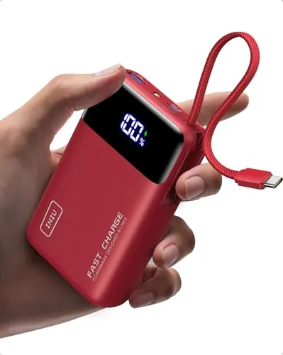 INIU 45W Power Bank, Ultra Klein 20000mAh Powerbank mit Integriertem USB C Kabel, Schnellladen Externe Handyakkus, Flugtauglich, Reise-Essential für Pendeln, Täglichen Gebrauch, iPhone 17 16, Rot