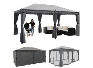 Pergola Calpe Pavillon 5x3m - Stabiler Pavillon mit 7cm-Gestell, ausgestattet mit Seitenwand und Moskitonetz für optimalen Schutz und Komfort im Garten.