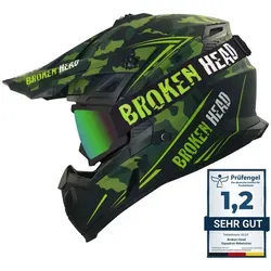 Broken Head Motocrosshelm Squadron Grün (Mit MX-2 Brille Schwarz), Zwei Verschlüsse grün XS (53-54 cm)