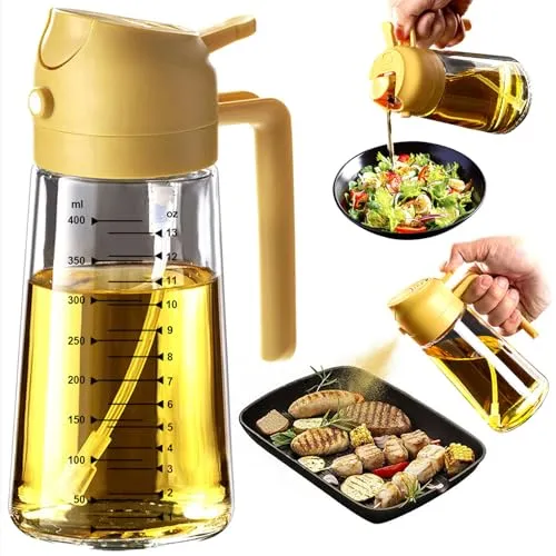 TrendPlain 16oz Ölsprüher für Speiseöl – 470ml Olivenöl Flasche – 2-in-1 Ölspender und Ölsprüher – Küchen Gadgets für Kochen, Salat und Grill (Gelb)