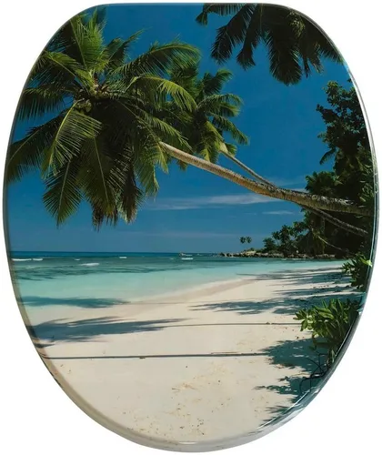 ADOB Design WC Sitz Klobrille Strand Koh Samui Palmen - Hochwertiger WC-Sitz mit stabilem Holzkern und schönem Strandmotiv, verstellbare Metallscharniere für universelle Passform, ideal für ein stilvolles Bad.