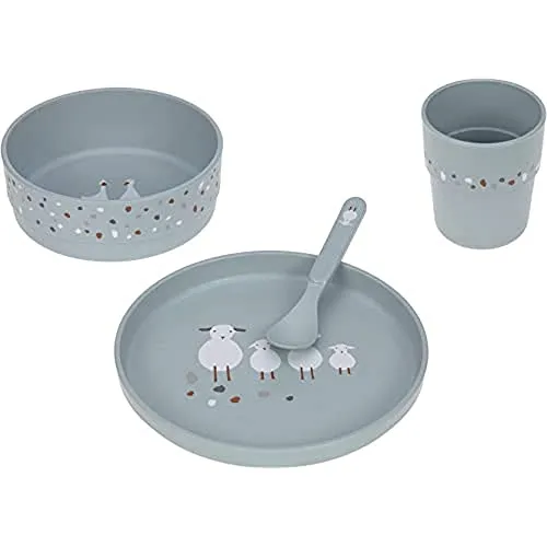 LÄSSIG Kindergeschirr-Set Tiny Farmer, Sheep/Goose Blue (4-tlg) - Kindergeschirr aus Biokompositen, spülmaschinen- und mikrowellengeeignet, ideal für kleine Feinschmecker ab 12 Monaten.
