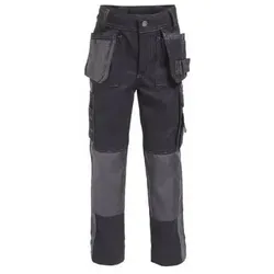 DASSY® Seattle Kids Arbeitshose, SCHWARZ/ZEMENTGRAU, Gr. 104 - Zweifarbige Arbeitshose für Kinder mit Holstertaschen und verstärkten Knien, ideal für kleine Handwerker. Hochwertiges Material nach OEKO-TEX® Standard 100 geprüft.