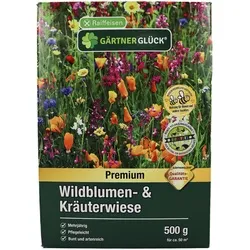 Wildblumen- & Kräuterwiese Premium Gärtnerglück 500 g - Pflanzensamen für eine artenreiche, pflegeleichte Wiese, die Insekten Nahrungs- und Nistmöglichkeiten bietet. Ideal für naturnahe Gärten mit nur 1-2 Schnitten pro Jahr.