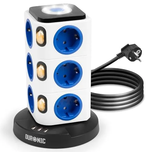Duronic ET12L Steckdosenleiste - 12-Fach Mehrfachsteckdose mit 3 USB-Ports, inkl. innovativem Touch-Nachtlicht und Überspannungsschutz, ideal für Zuhause und Büro