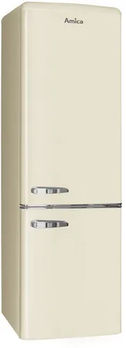 Amica Kühl/Gefrierkombi RETRODESIGN KGCR 387 101 B - Retro Kühl- und Gefrierkombination in Beige mit 244 l Nutzinhalt, automatischer Abtauung und stilvollen silbernen Applikationen – ideal für nostalgische Küchen.
