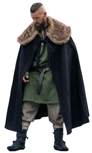 Leonardo Carbone® Unisex Wikinger Umhang Janne mit Kunstfell - Kostüm-Outfits für Erwachsene, majestätischer Umhang aus Wollgemisch mit luxuriösem Kunstfell, ideal für Mittelalter-Events und Cosplay, schützt stilvoll vor Wind und Wetter.