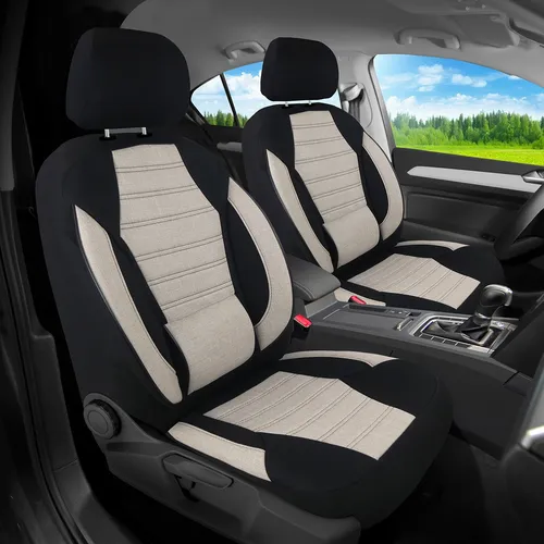 BREMER SITZBEZÜGE für Mitsubishi Space Star (2012-2022) - Schwarz/Beige - Hochwertige Schonbezüge für Mitsubishi Space Star, einfach zu montieren mit Klettsystem. Atmungsaktive Materialien bieten Komfort und Schutz bei längeren Fahrten. Ideal für Sitzheizungen und elegantes Design!