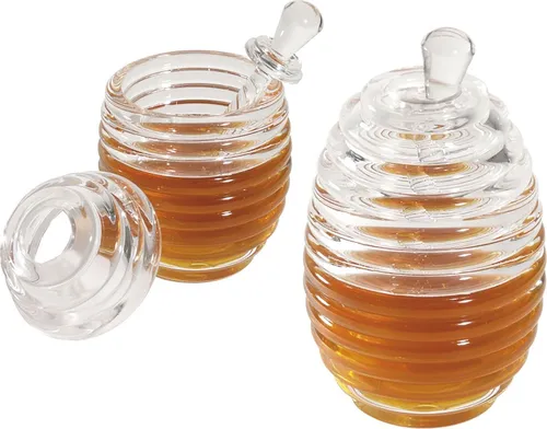 Honigtopf, mit Dosierstab und Deckel, aus Acryl in Bienenstockoptik, 200 ml
