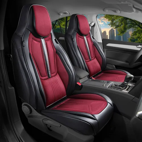 Land Rover Defender Sitzbezüge 1990-2016 - Schwarz/Rot - Hochwertige Sitzbezüge für Land Rover Defender, atmungsaktiv und abwaschbar, ideal für vordere Schalensitze und mit Airbag-Naht für maximale Sicherheit.