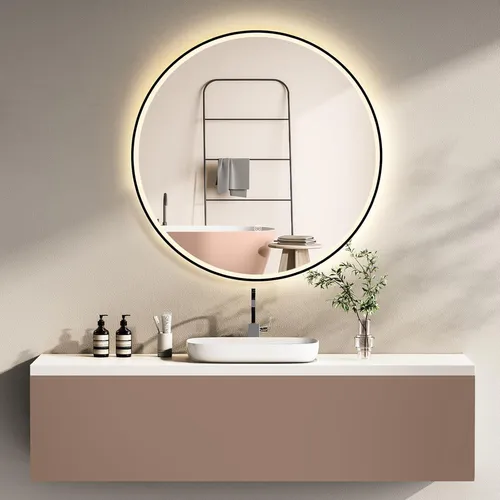 HOKO Design Badspiegel rund 60 cm Helsinki - Badezimmer Wandspiegel mit energiesparender LED-Beleuchtung, Antibeschlag-Funktion und elegantem schwarzen Metallrahmen für modernes Ambiente.