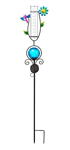 Bonetti Regenmesser mit LED Beleuchtung für den Garten, 2-in-1 Funktion, Metall-Erdspieß, farbige Glaskugel in Bruchglas-Optik, Niederschlagsmesser aus Glas (blau mit Libelle & Blume)