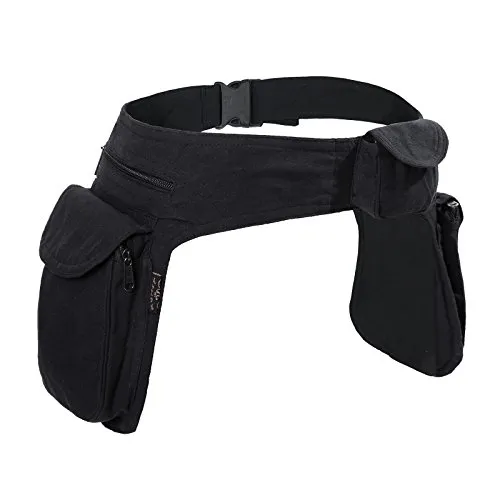 Kunst und Magie Doppel Bauchtasche - Praktische Festivaltasche in Schwarz - Mode-Hüfttaschen mit 2 großen Taschen und verstecktem Fach, ideal für Festivals und unterwegs. Stufenlos verstellbarer Gürtel und fair hergestellt in Nepal.